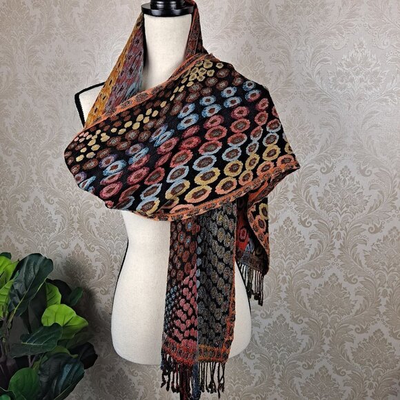 Silk Blend Oblong Scarf Fall Colors Fringed Ends Made in Nepal - Picture 7 of 10